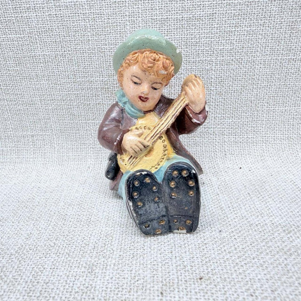 Vintage K-C Novelties Marblite Boy Playing Banjo Figurine Easthampton Mass 3.5in